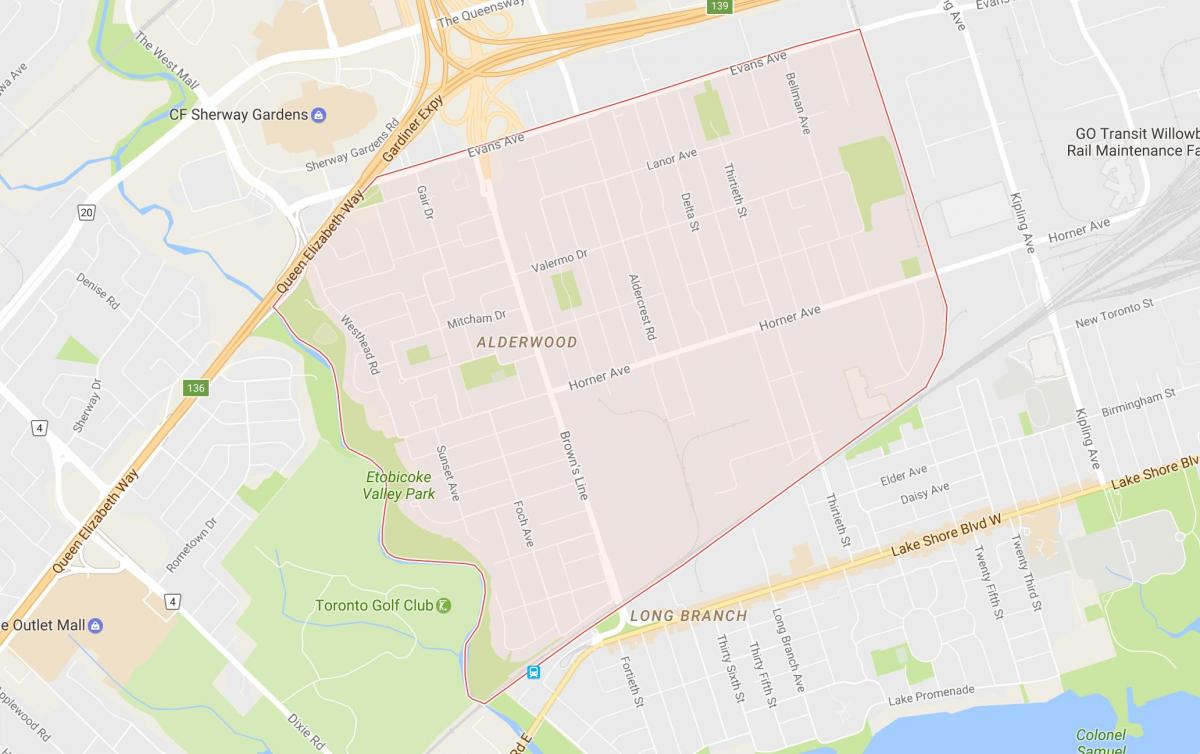 Kaart van Alderwood Parkview woonbuurt Toronto