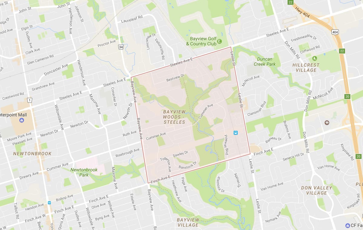 Kaart van Bayview Bos – Steeles omgewing Toronto