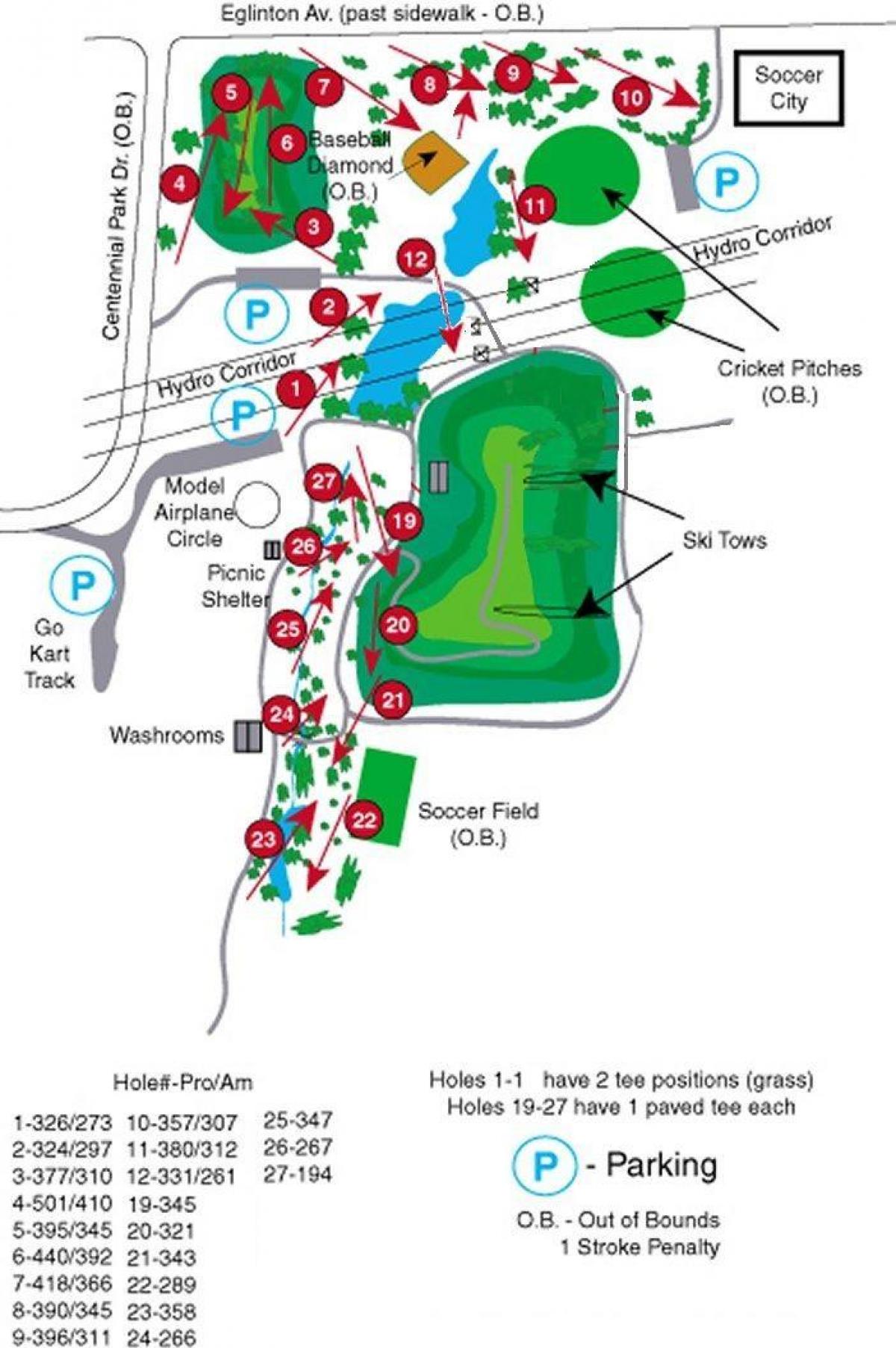 Kaart van Centennial Park golf kursusse Toronto