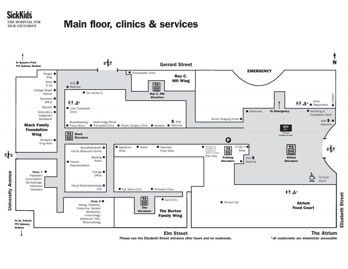 Kaart van Die Hospitaal vir Siek Kinders Toronto belangrikste vloer