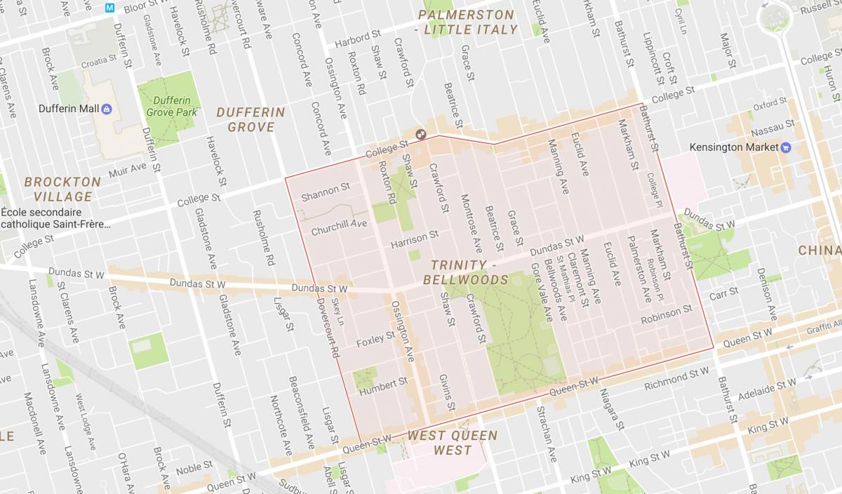 Kaart van die drie-Eenheid–Bellwoods omgewing Toronto