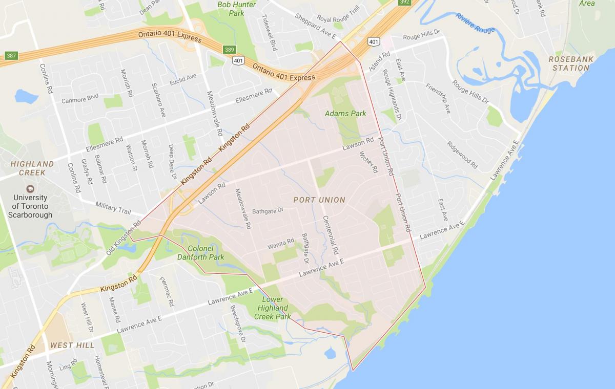 Kaart van die Hawe-Unie omgewing Toronto