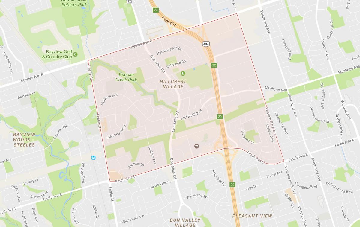 Kaart van Hillcrest Dorp omgewing Toronto