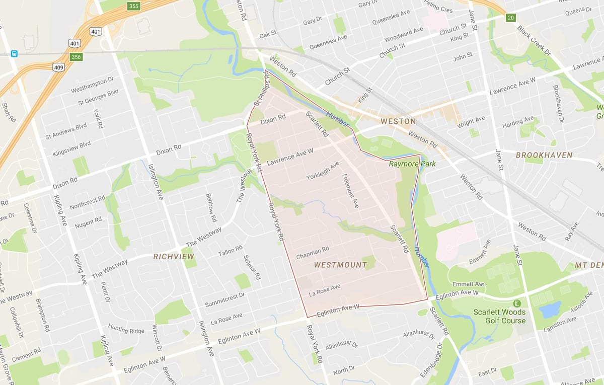 Kaart van Humber Hoogtes – Westmount omgewing Toronto