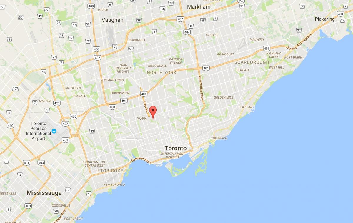 Kaart van die Humewood–Cedarvale distrik Toronto