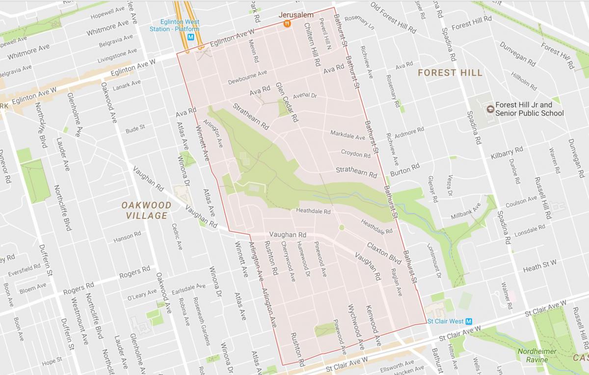 Kaart van die Humewood–Cedarvale omgewing Toronto