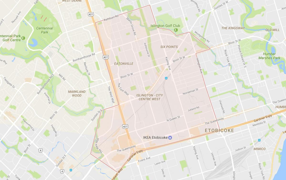 Kaart van Islington-Sentrum Wes omgewing Toronto