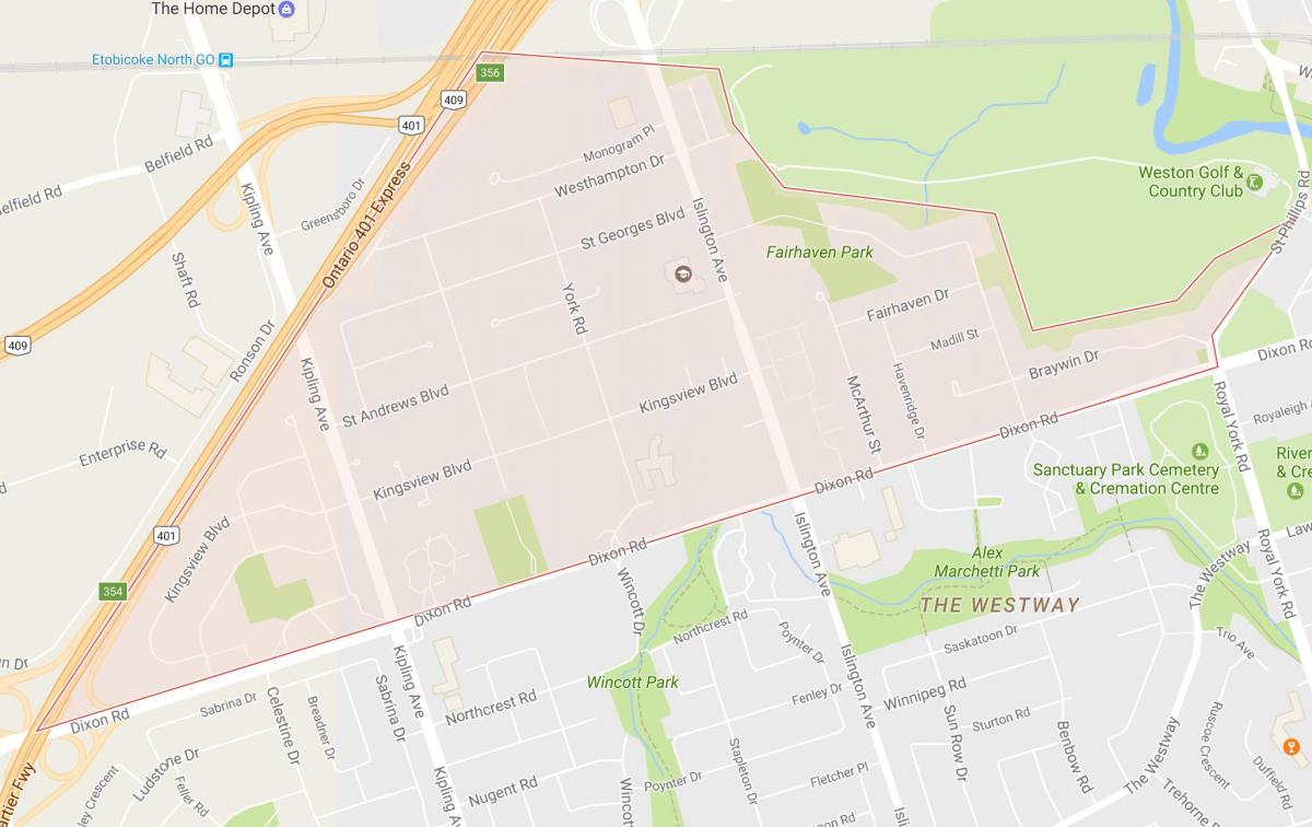 Kaart van Kingsview Dorp omgewing Toronto