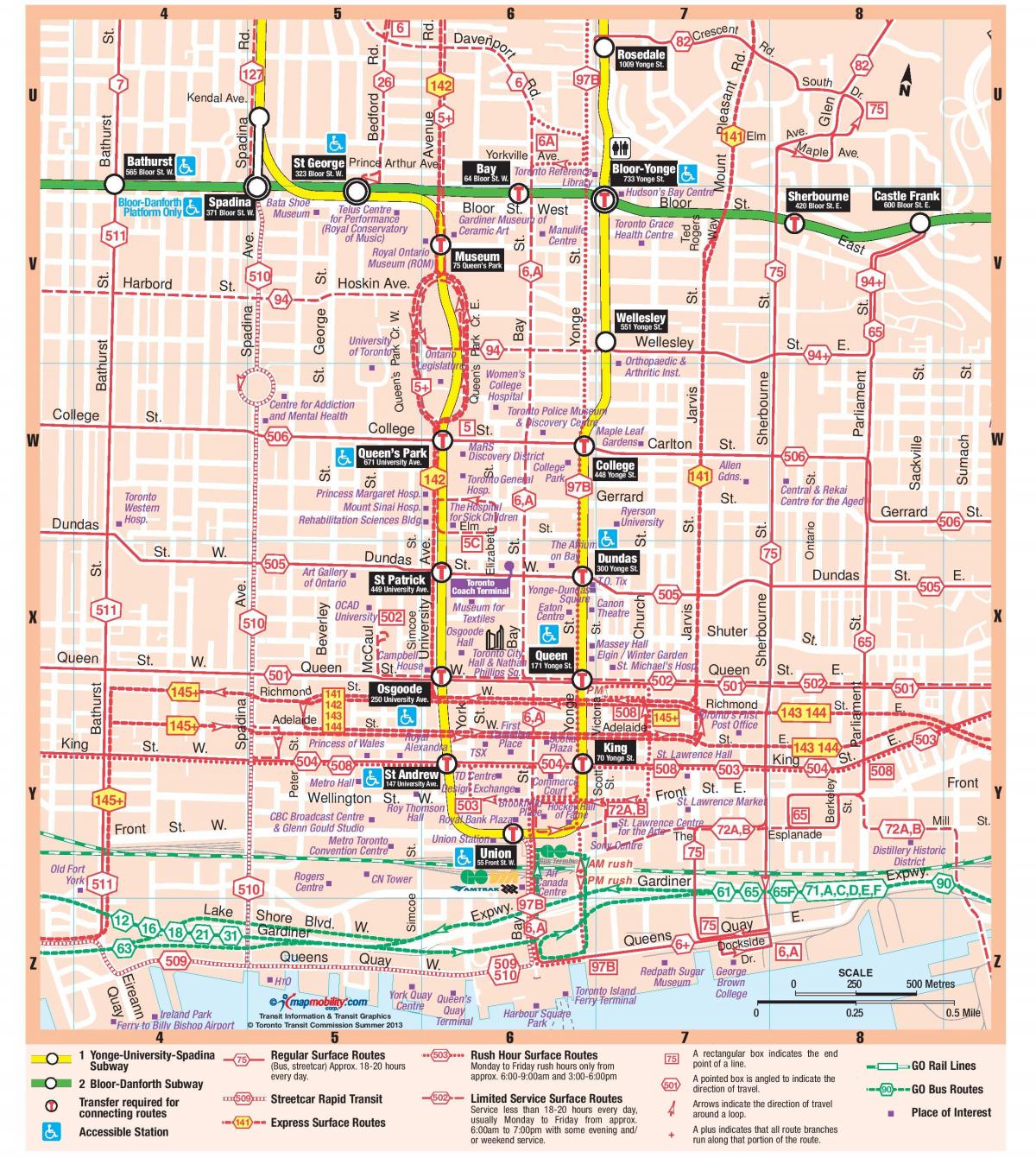 Kaart van die Metro-stasie sentrum Toronto