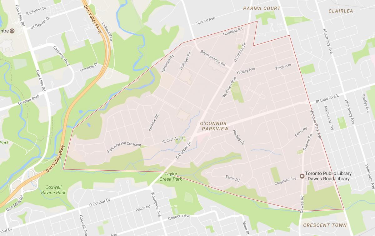 Kaart van die o'connor–Parkview woonbuurt Toronto