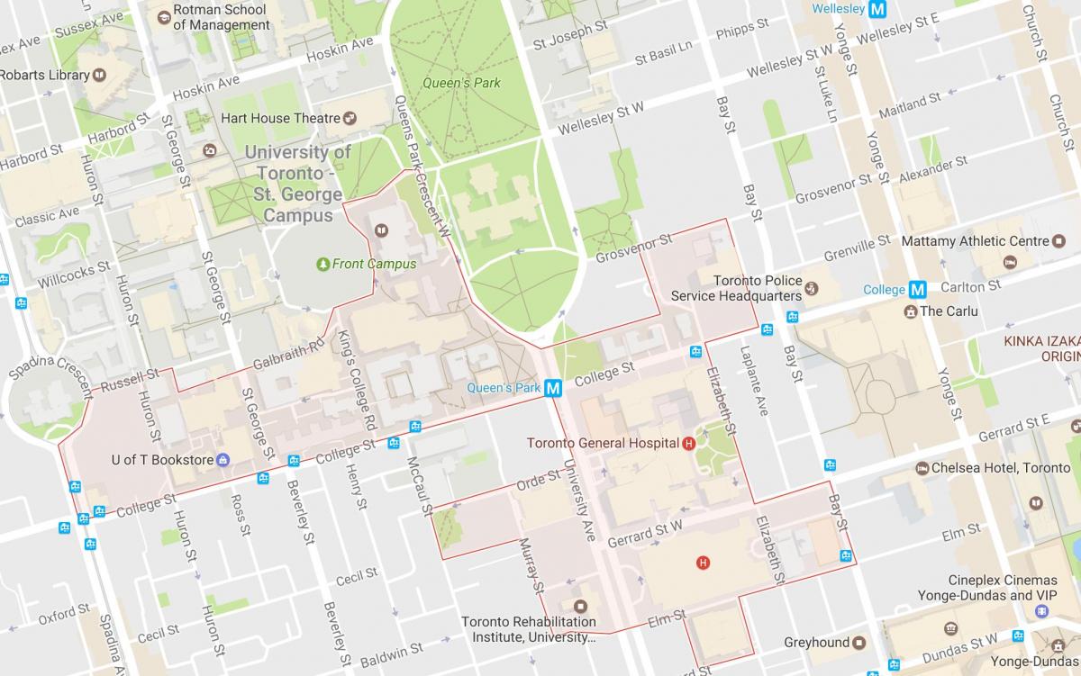 Kaart van die Ontdekking Distrik omgewing Toronto