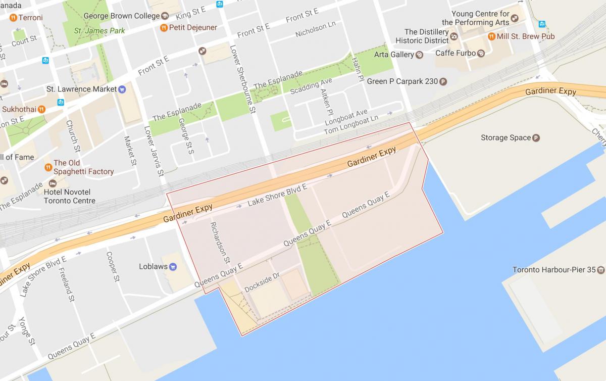 Kaart van die Ooste Bayfront omgewing Toronto