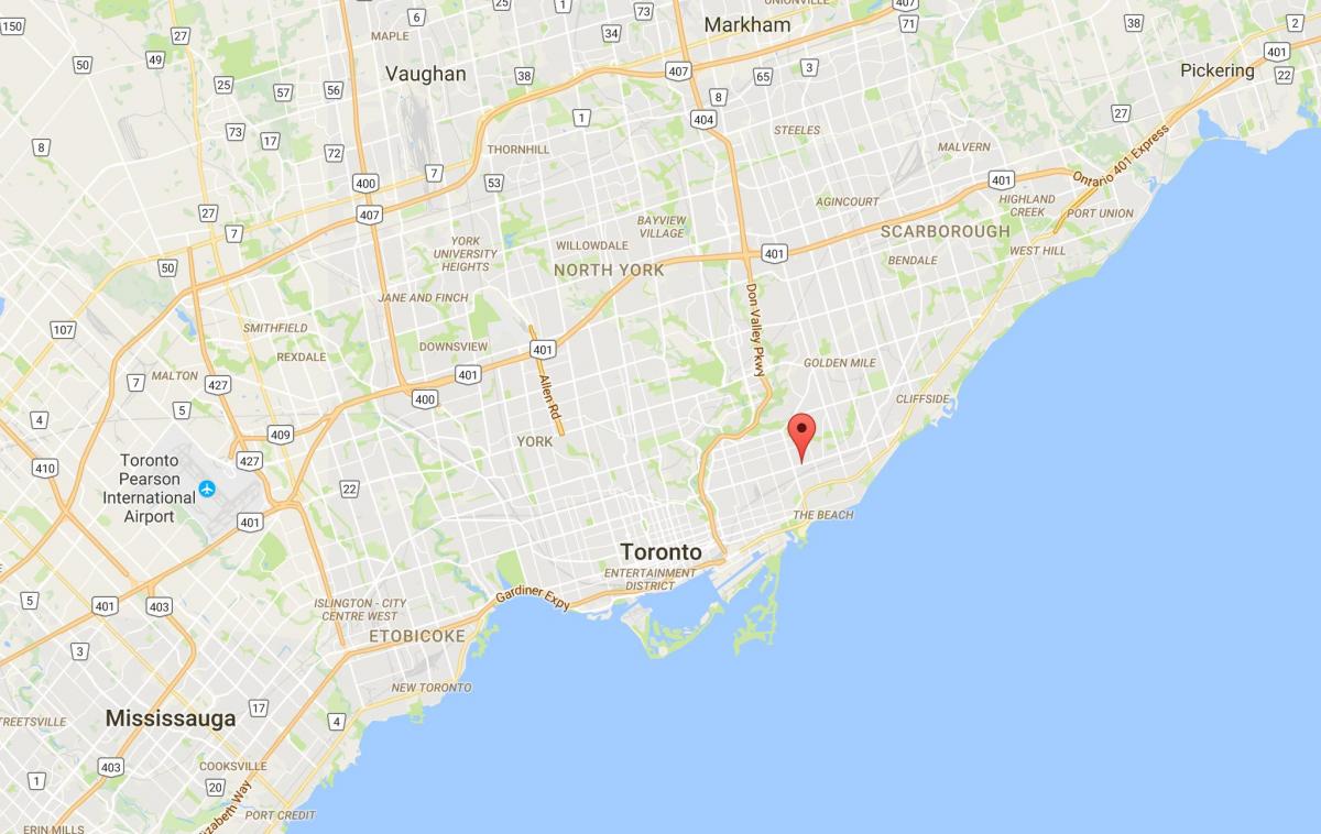 Kaart van Oos-Danforth distrik Toronto