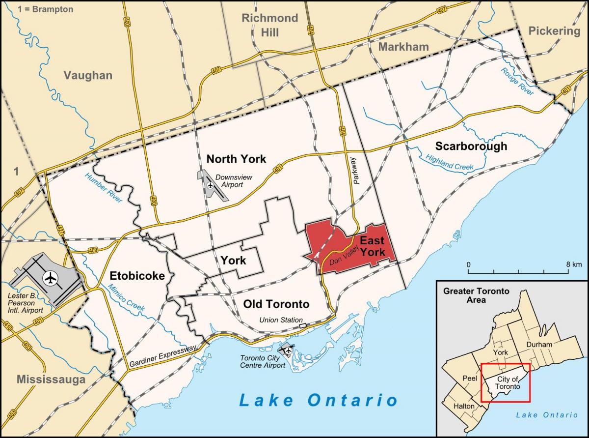 Kaart van die Ooste York, Toronto