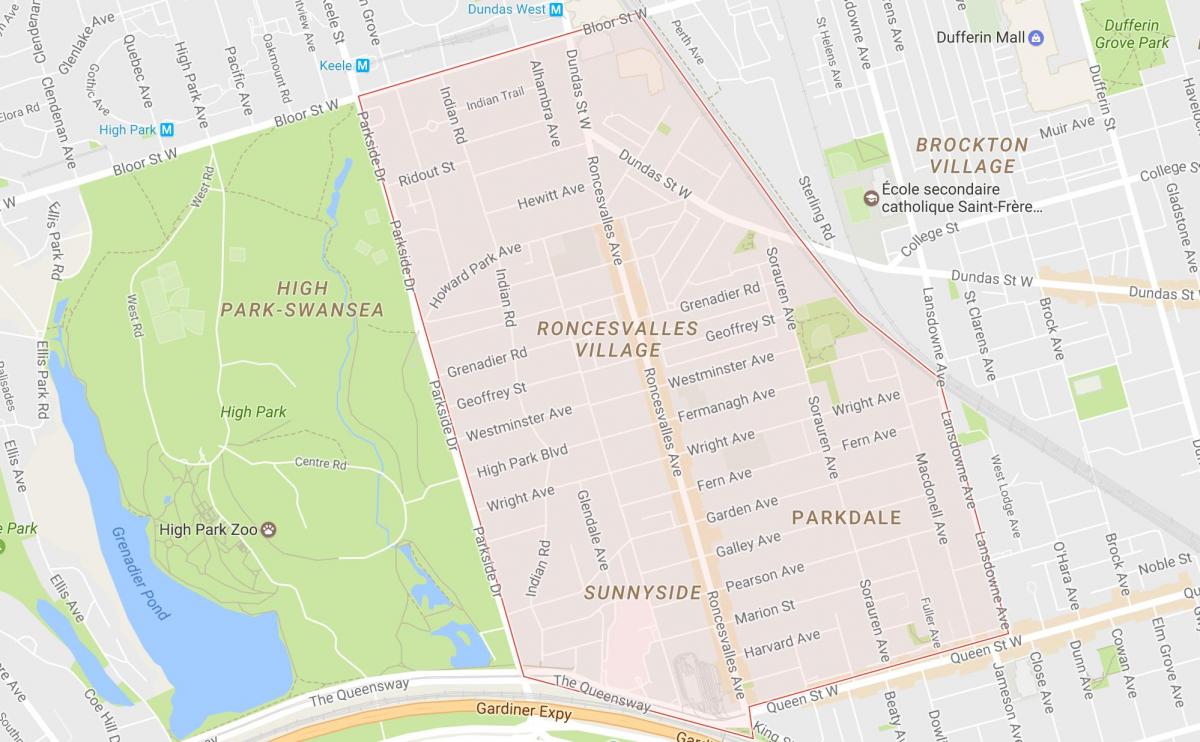 Kaart van Roncesvalles omgewing Toronto