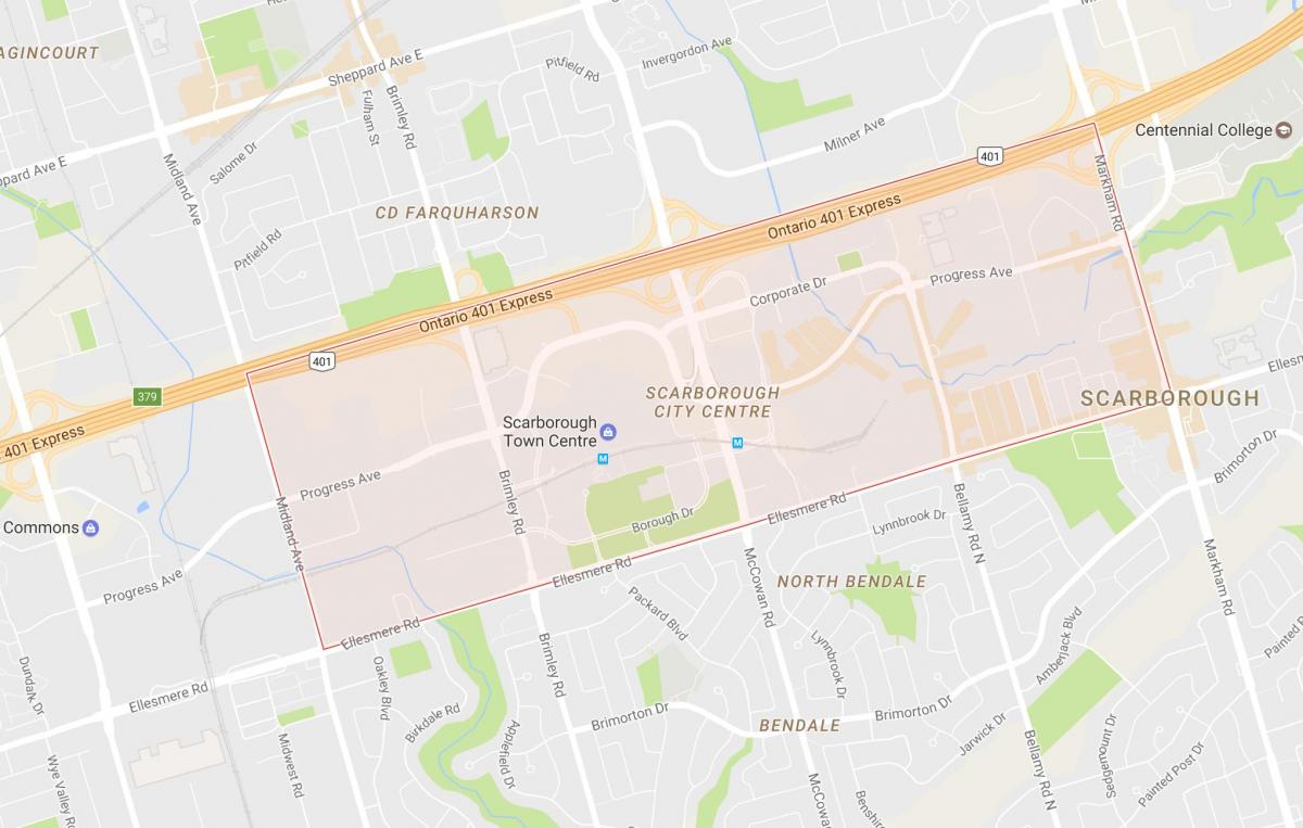 Kaart van Scarborough Stad Sentrum omgewing Toronto