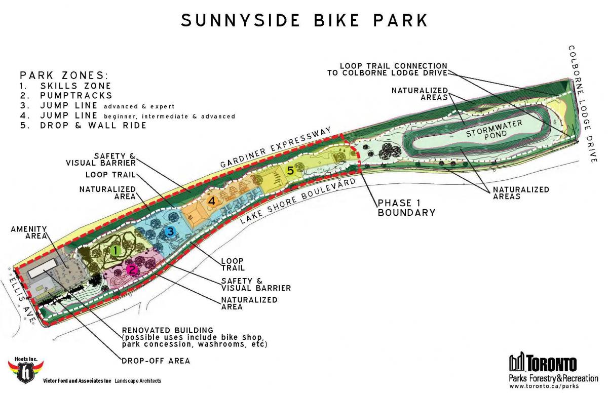 Kaart van Sunnyside Fiets Park sone Toronto
