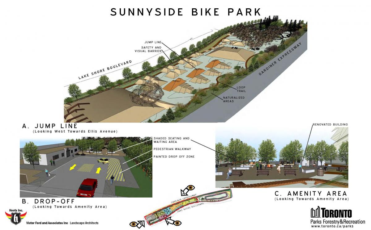 Kaart van Sunnyside fiets park Toronto spring lyn