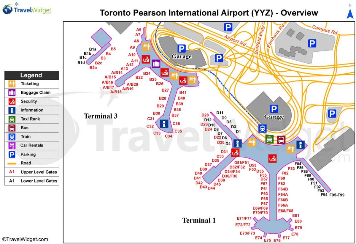 Kaart van Toronto Pearson internasionale lughawe