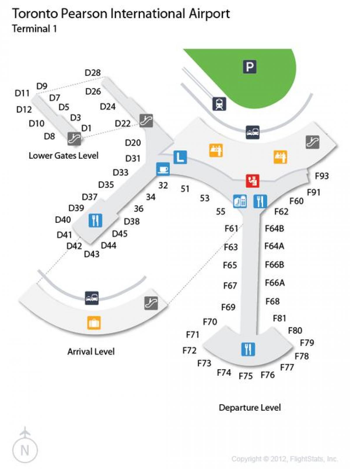Kaart van Toronto Pearson lughawe aankoms en vertrek vlak