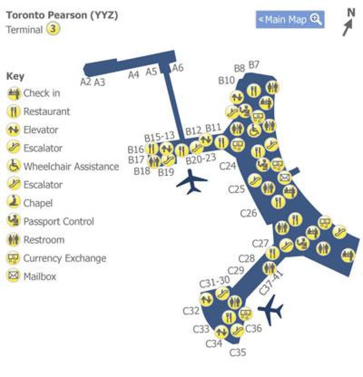 Kaart van Toronto Pearson lughawe terminale 3