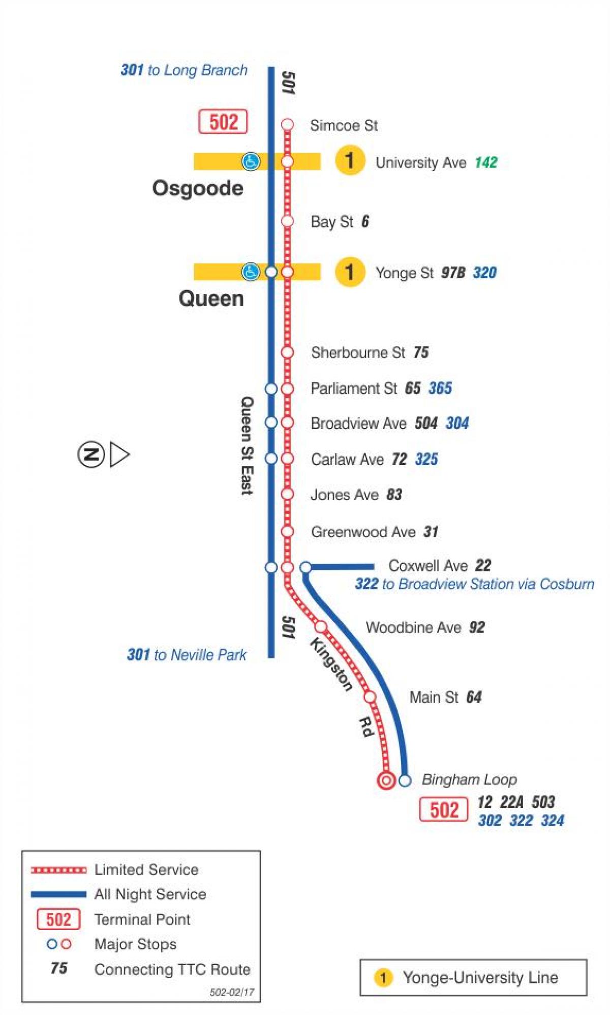 Kaart van die tram lyn 502 Downtowner
