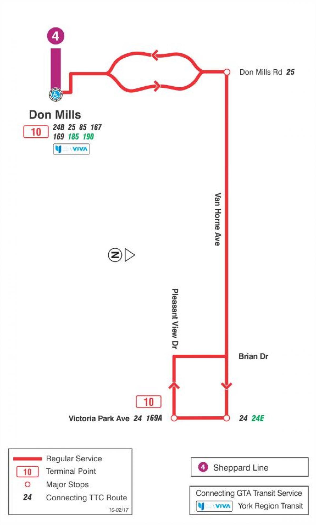 Kaart van TTC 10 Van Horne bus roete Toronto