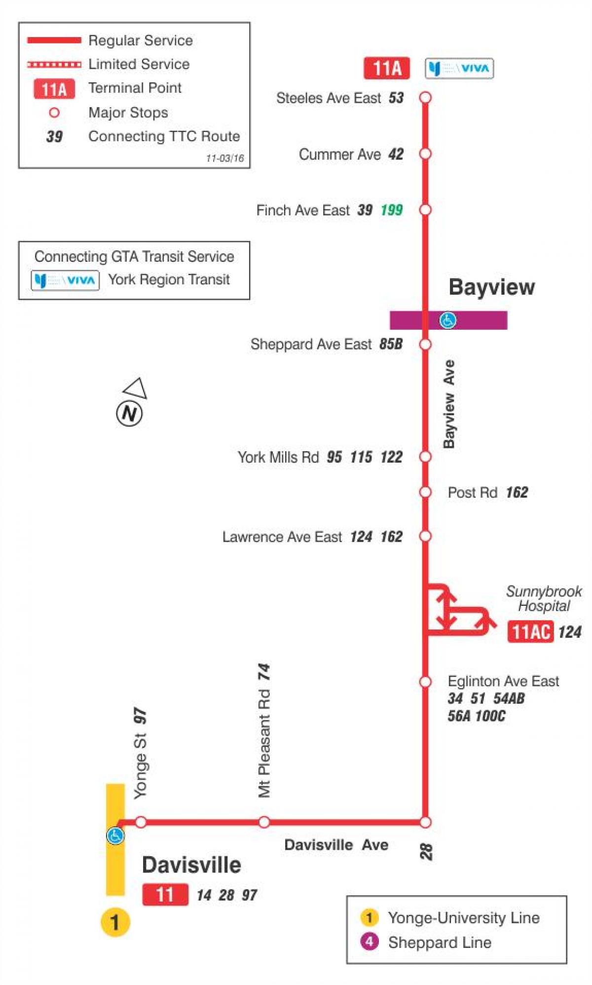Kaart van TTC 11 Bayview bus roete Toronto