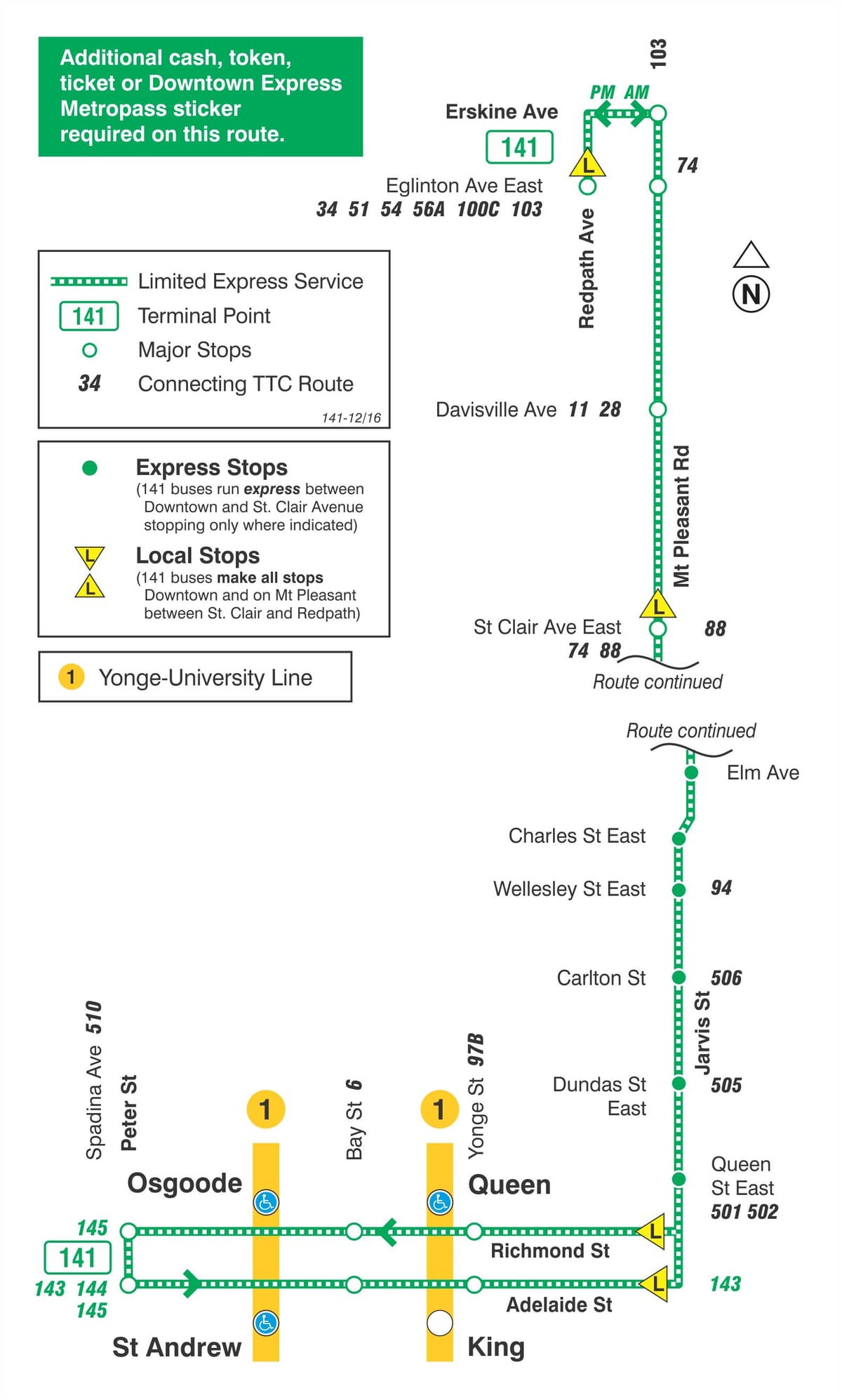 Kaart van TTC 141 Sentrum / Mt Pleasant Express bus roete Toronto