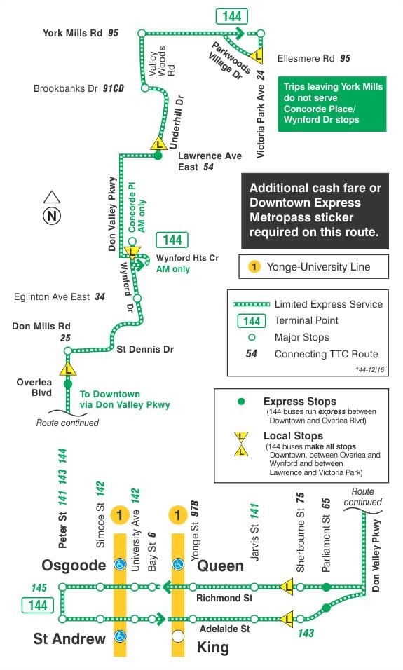Kaart van TTC 144 Sentrum / Moenie Vallei Express bus roete Toronto