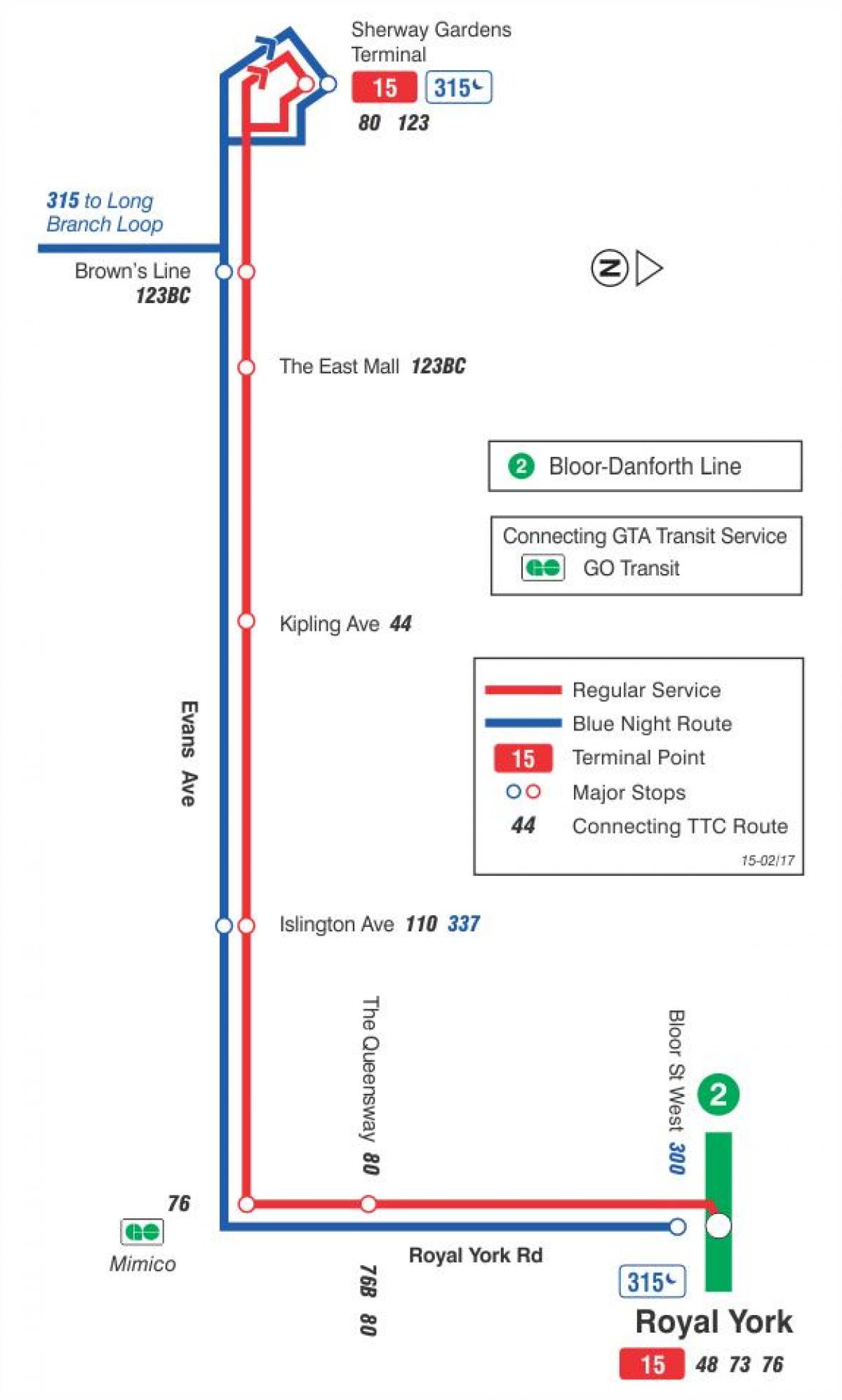 Kaart van TTC 15 Evans bus roete Toronto