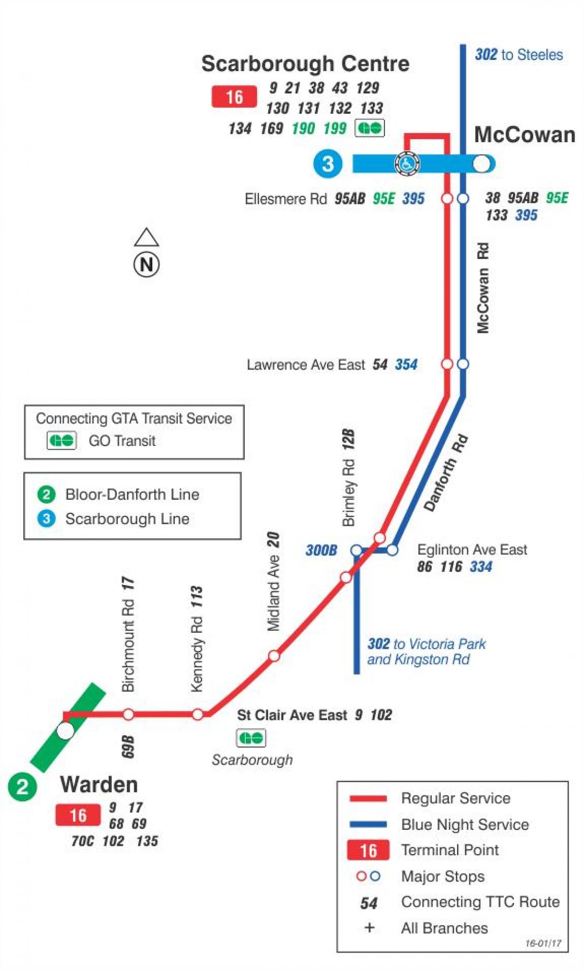 Kaart van TTC 16 McCowan bus roete Toronto