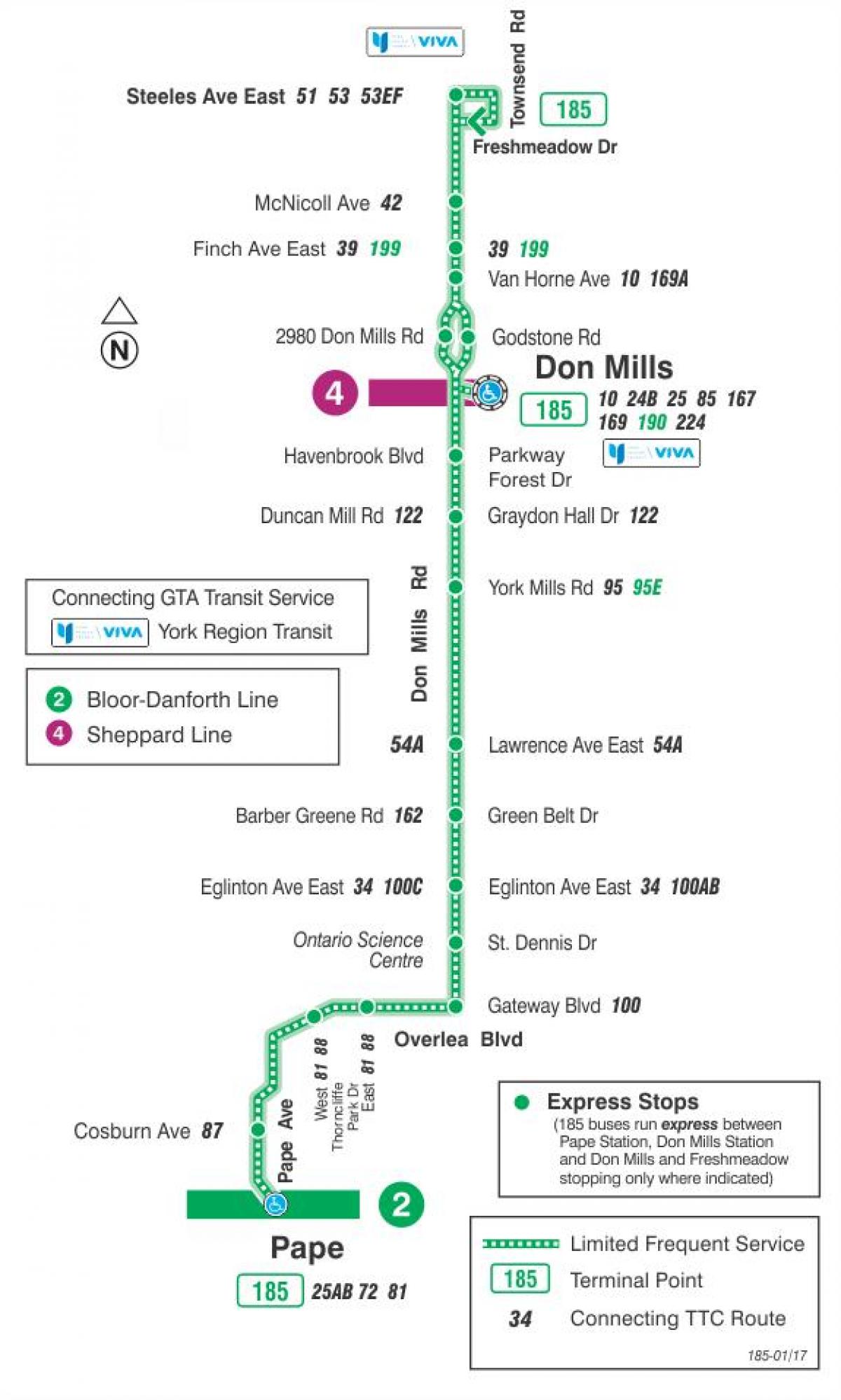 Kaart van TTC 185 Nie Mills Vuurpyl bus roete Toronto