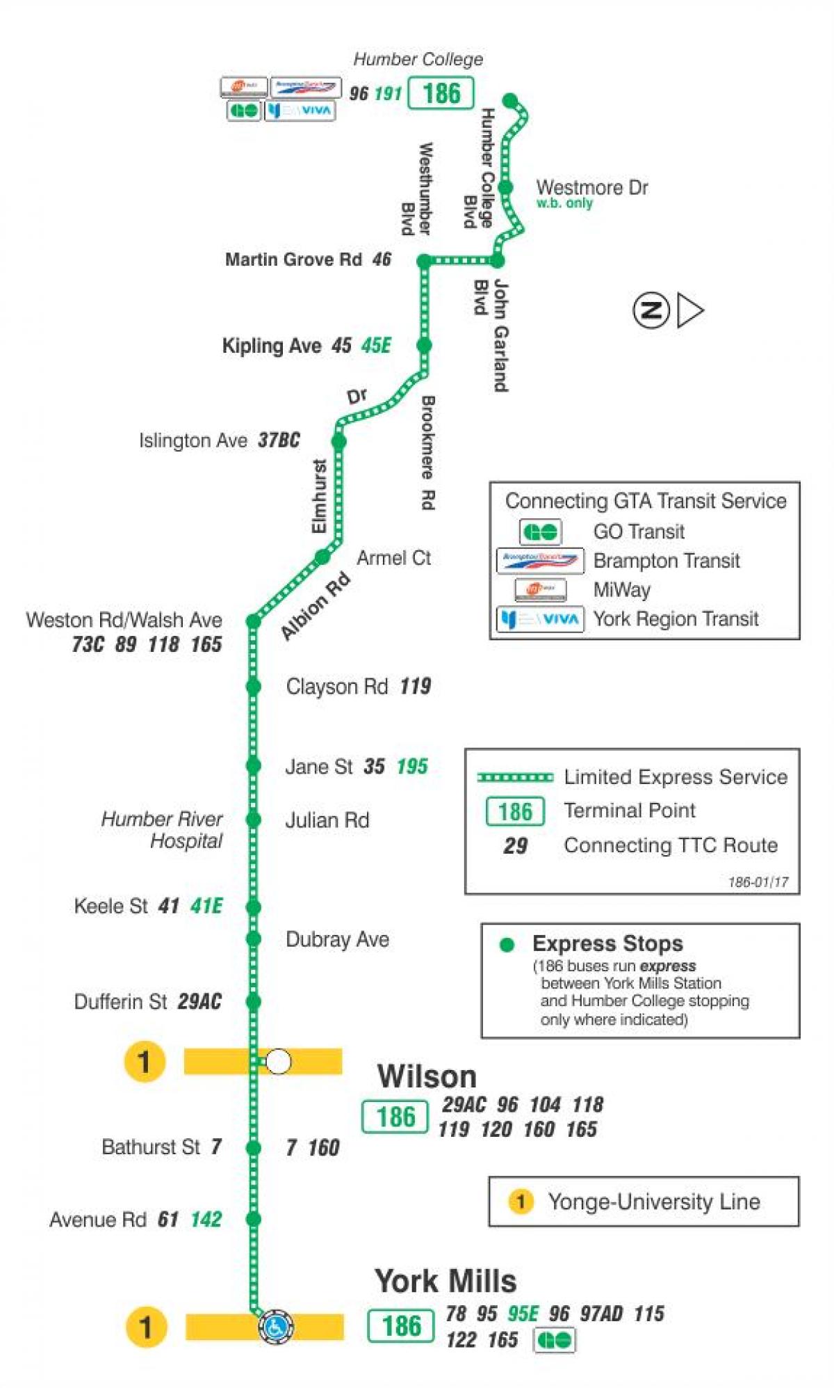 Kaart van TTC 186 Wilson Vuurpyl bus roete Toronto