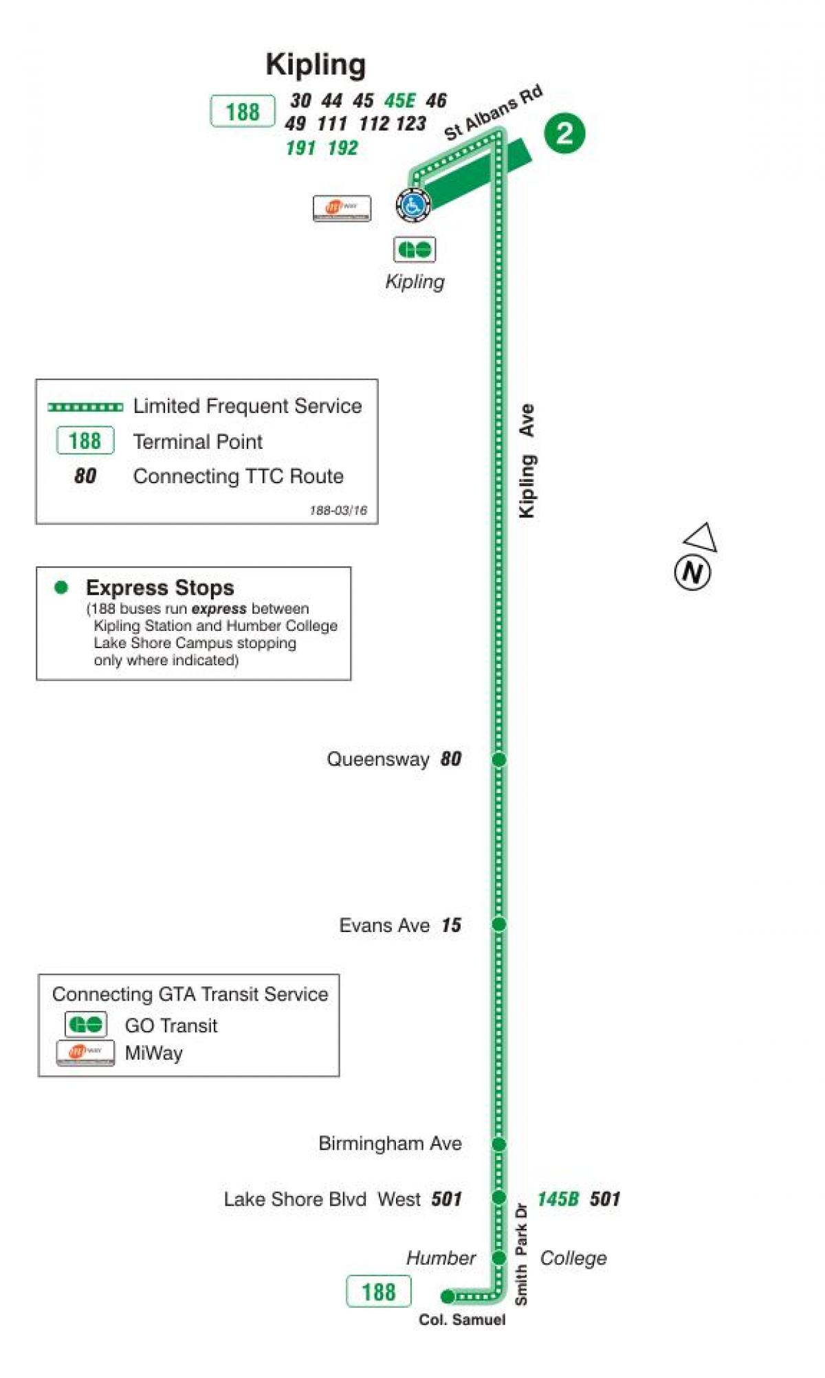 Kaart van TTC 188 Kipling Suid-Vuurpyl bus roete Toronto