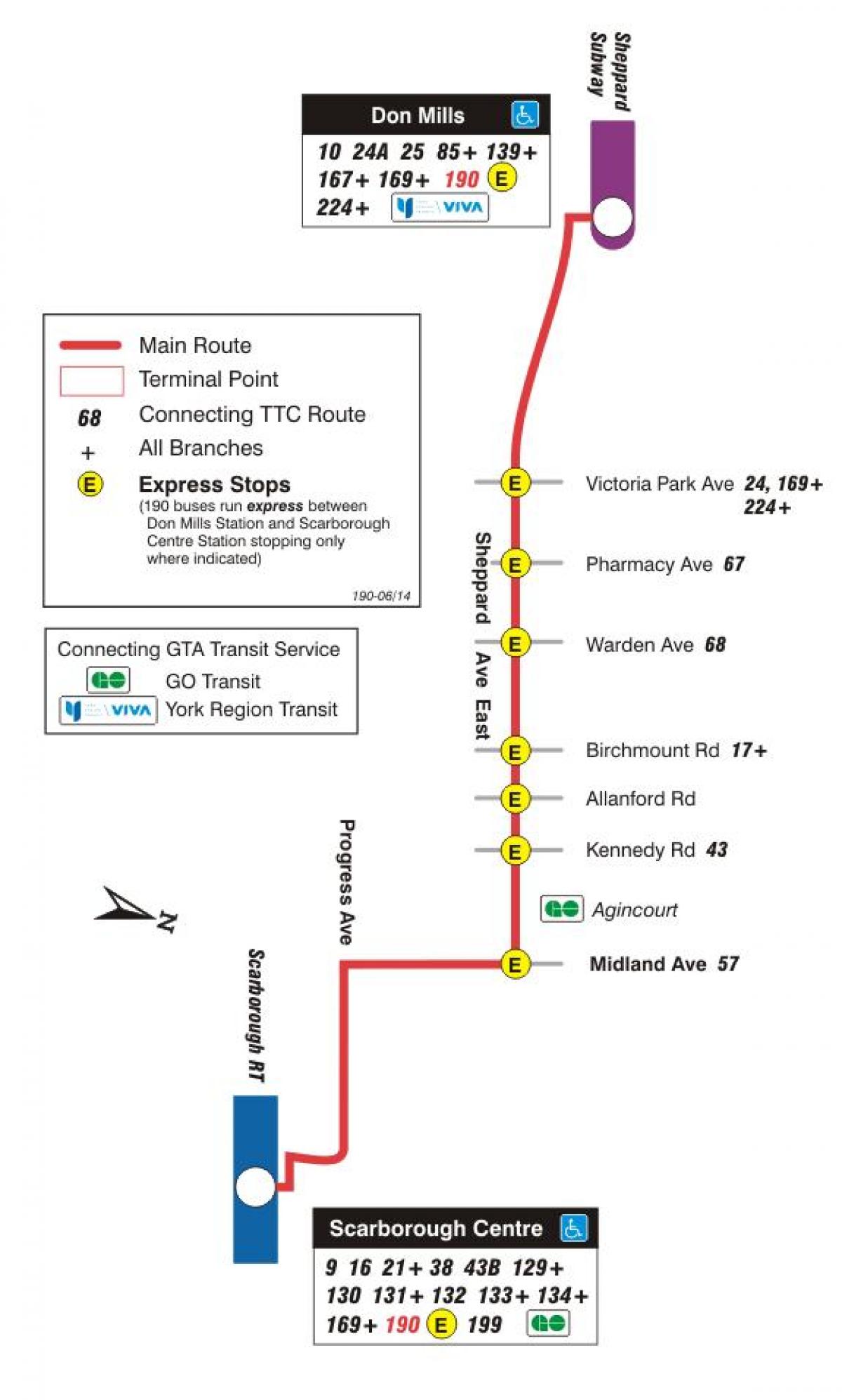 Kaart van TTC 190 Scarborough Sentrum Vuurpyl bus roete Toronto