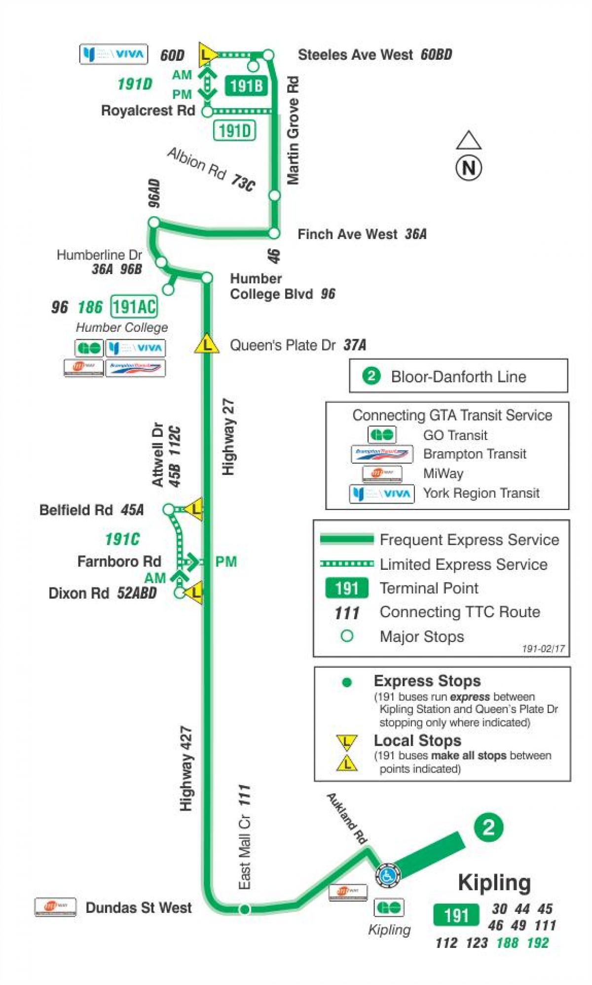 Kaart van TTC 191 Highway 27 Vuurpyl bus roete Toronto