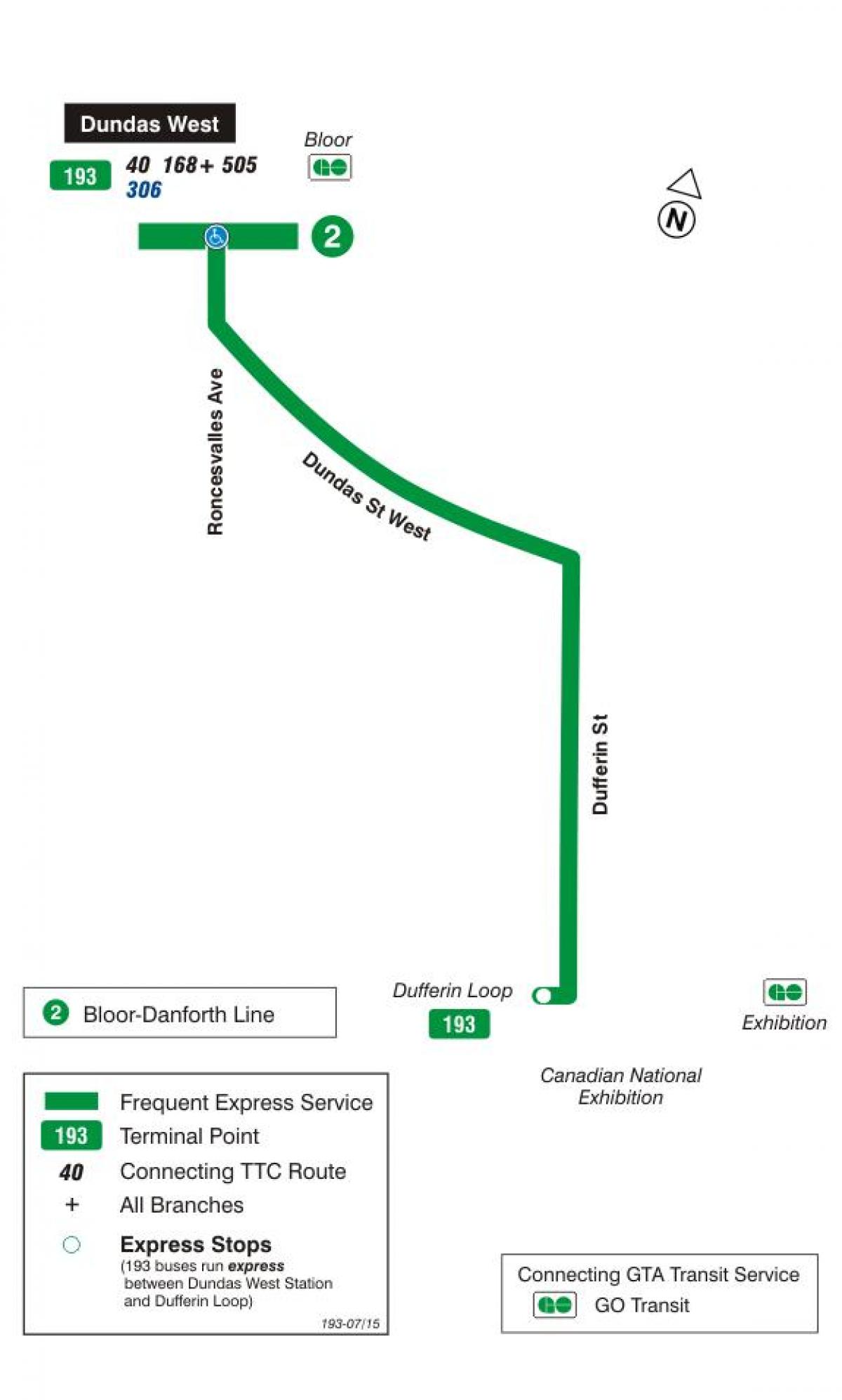 Kaart van TTC 193 Uitstalling Vuurpyl bus roete Toronto