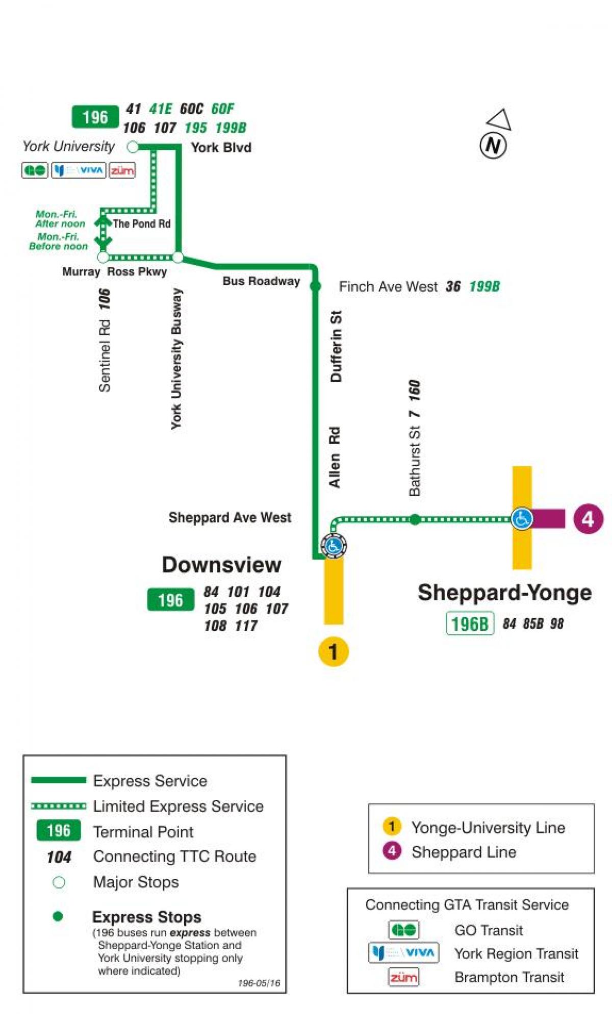 Kaart van TTC 196 York Universiteit Vuurpyl bus roete Toronto