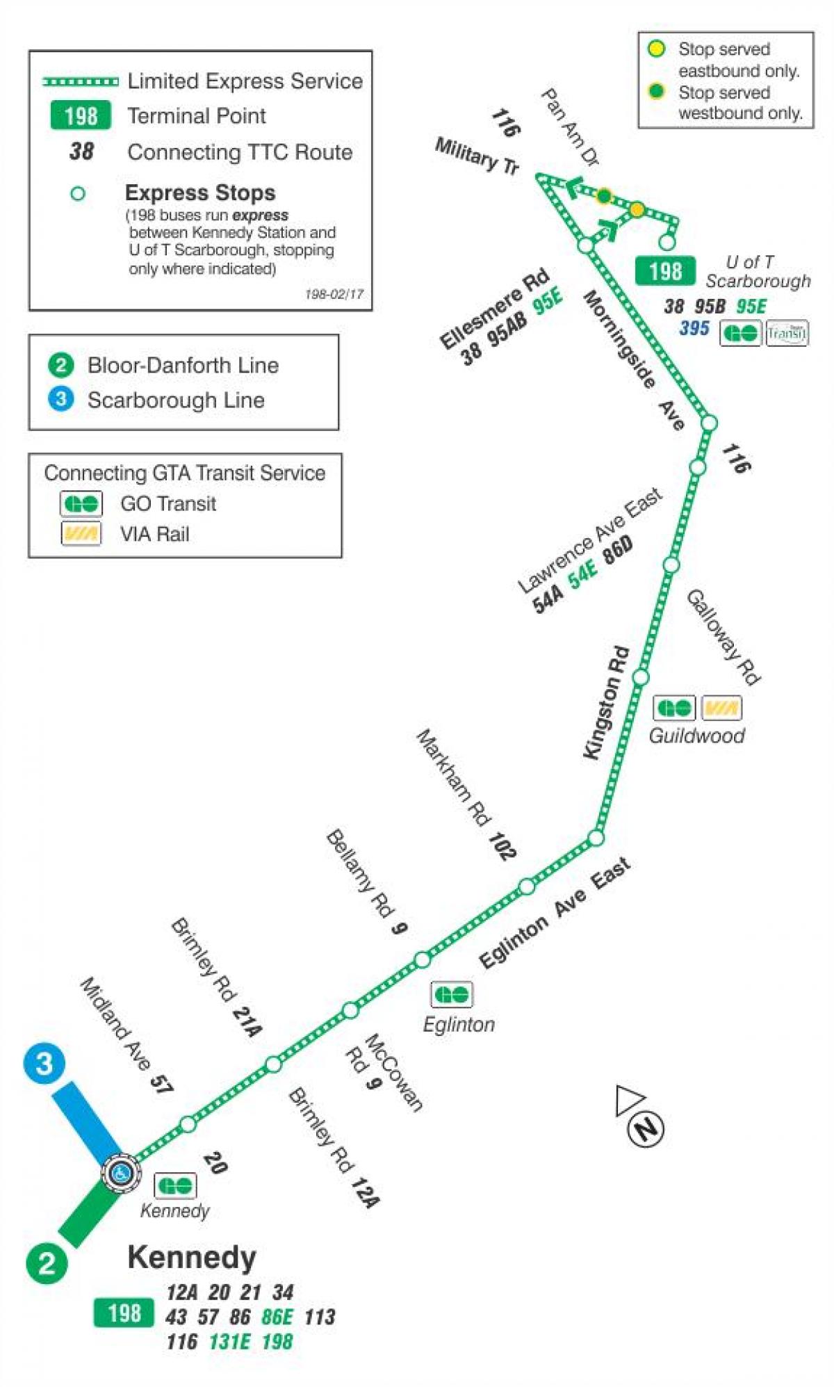 Kaart van TTC 198 U van T Scarborough Vuurpyl bus roete Toronto