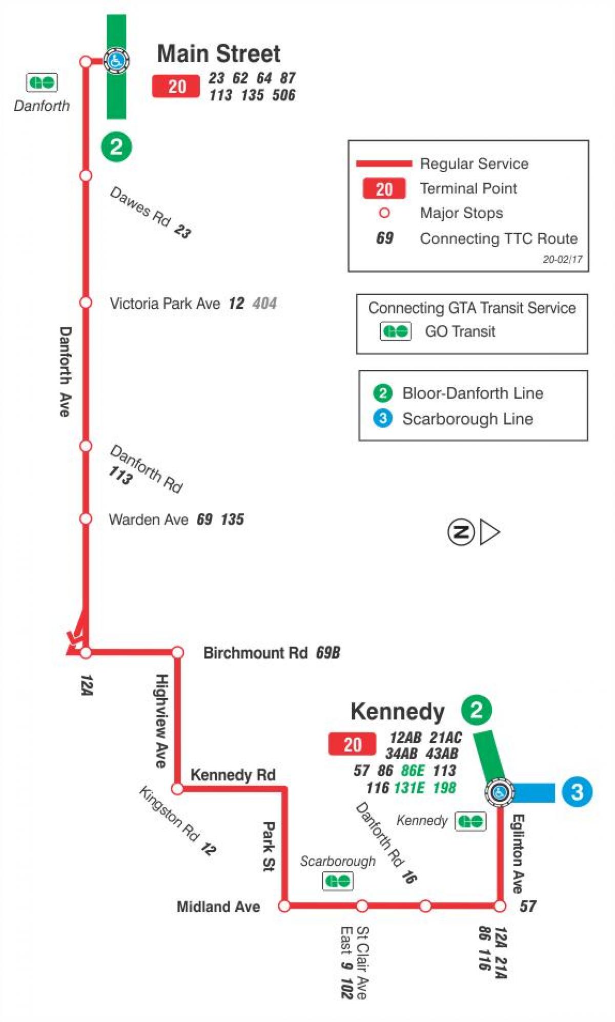 Kaart van TTC 20 Cliff bus roete Toronto