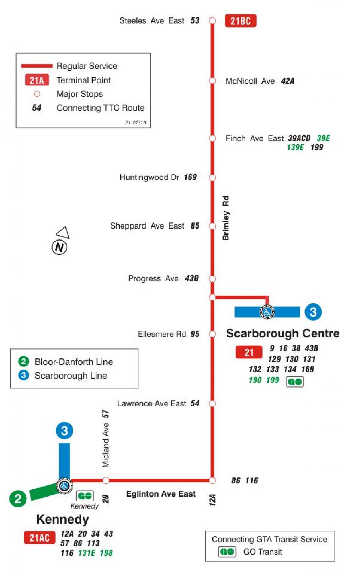 Kaart van TTC 21 Brimley bus roete Toronto