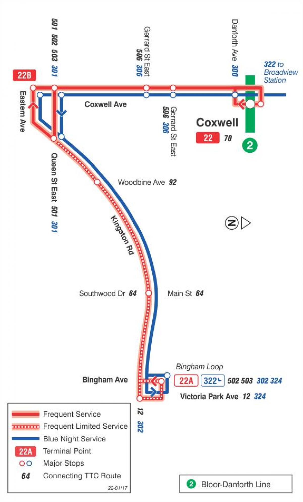 Kaart van TTC 22 Coxwell bus roete Toronto