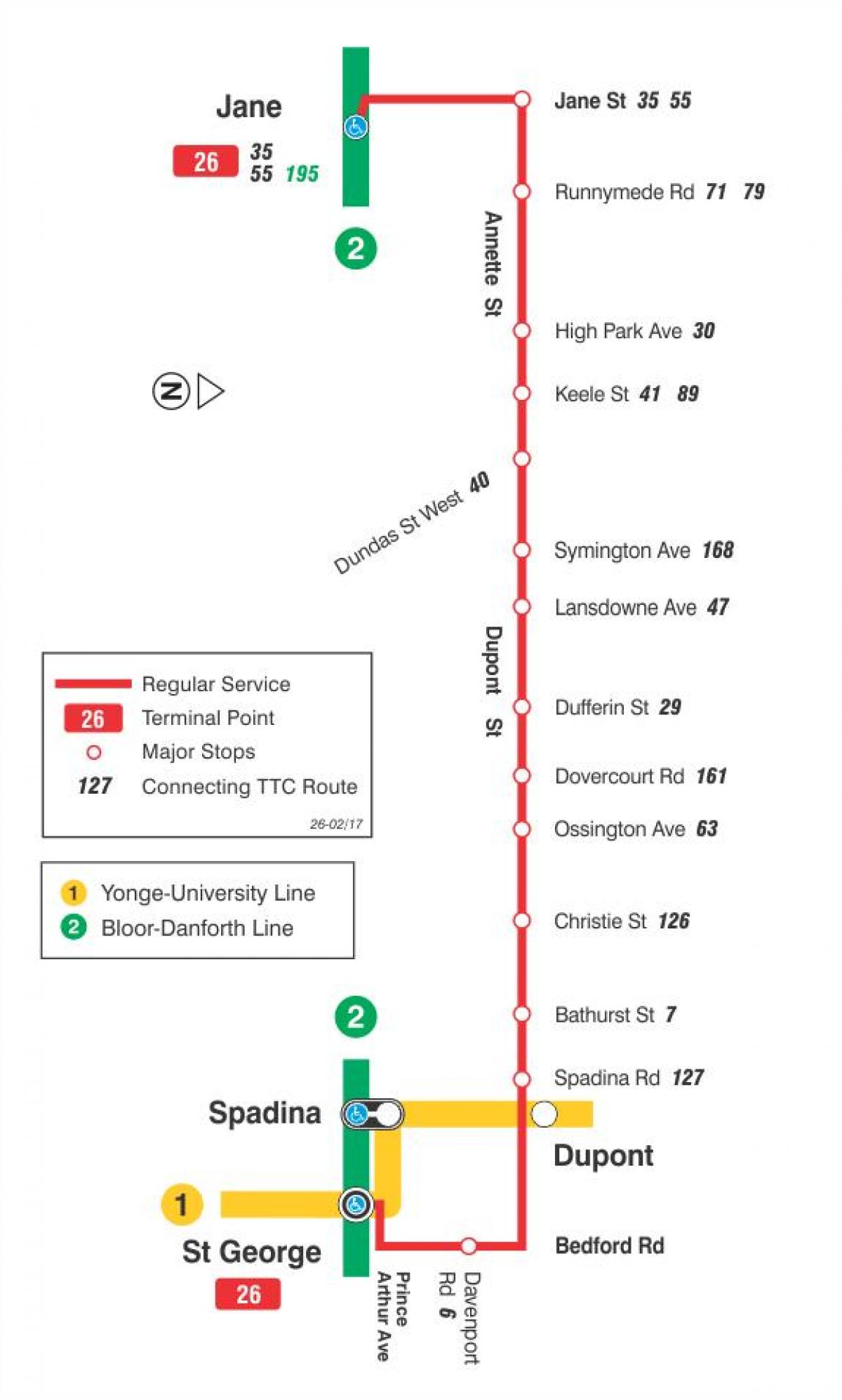 Kaart van TTC 26 Dupont bus roete Toronto