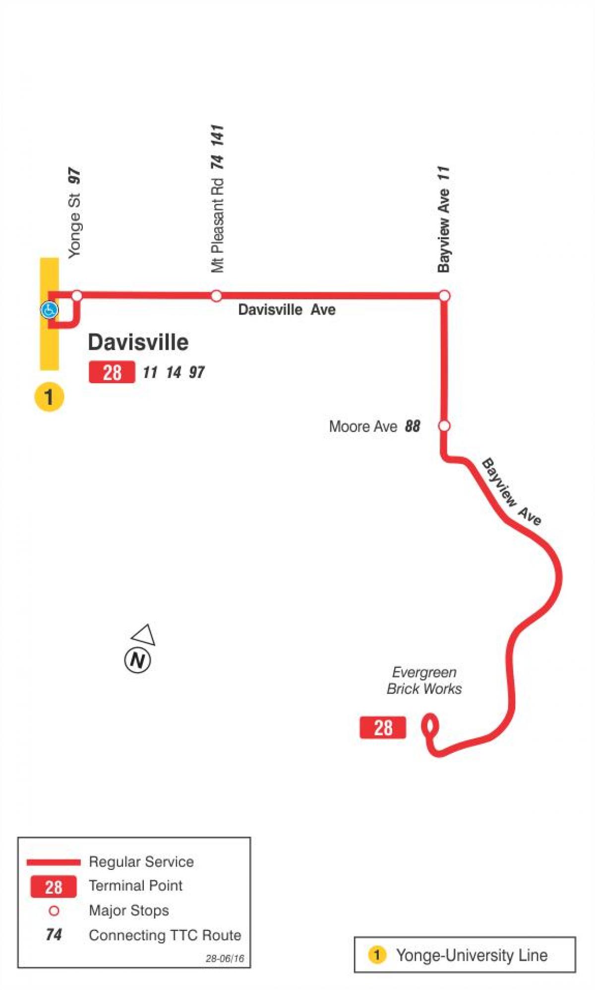 Kaart van TTC 28 Bayview Suid-bus roete Toronto