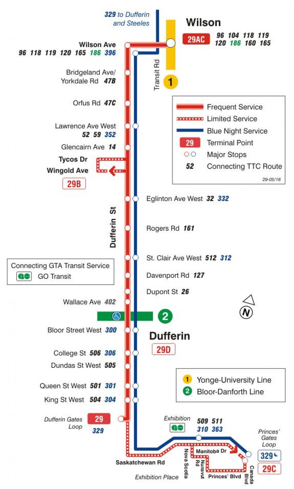 Kaart van TTC 29 Dufferin bus roete Toronto