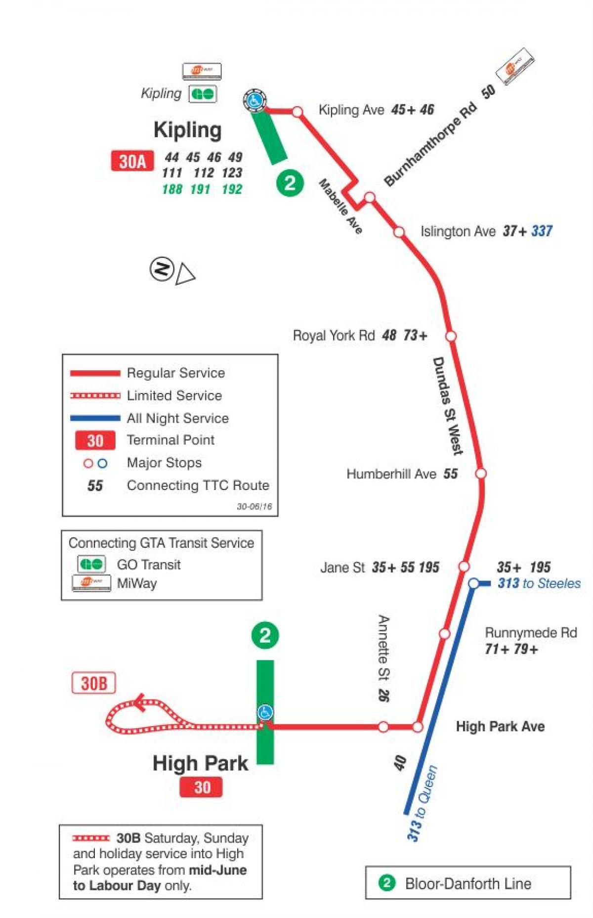 Kaart van TTC 30 Lambton bus roete Toronto