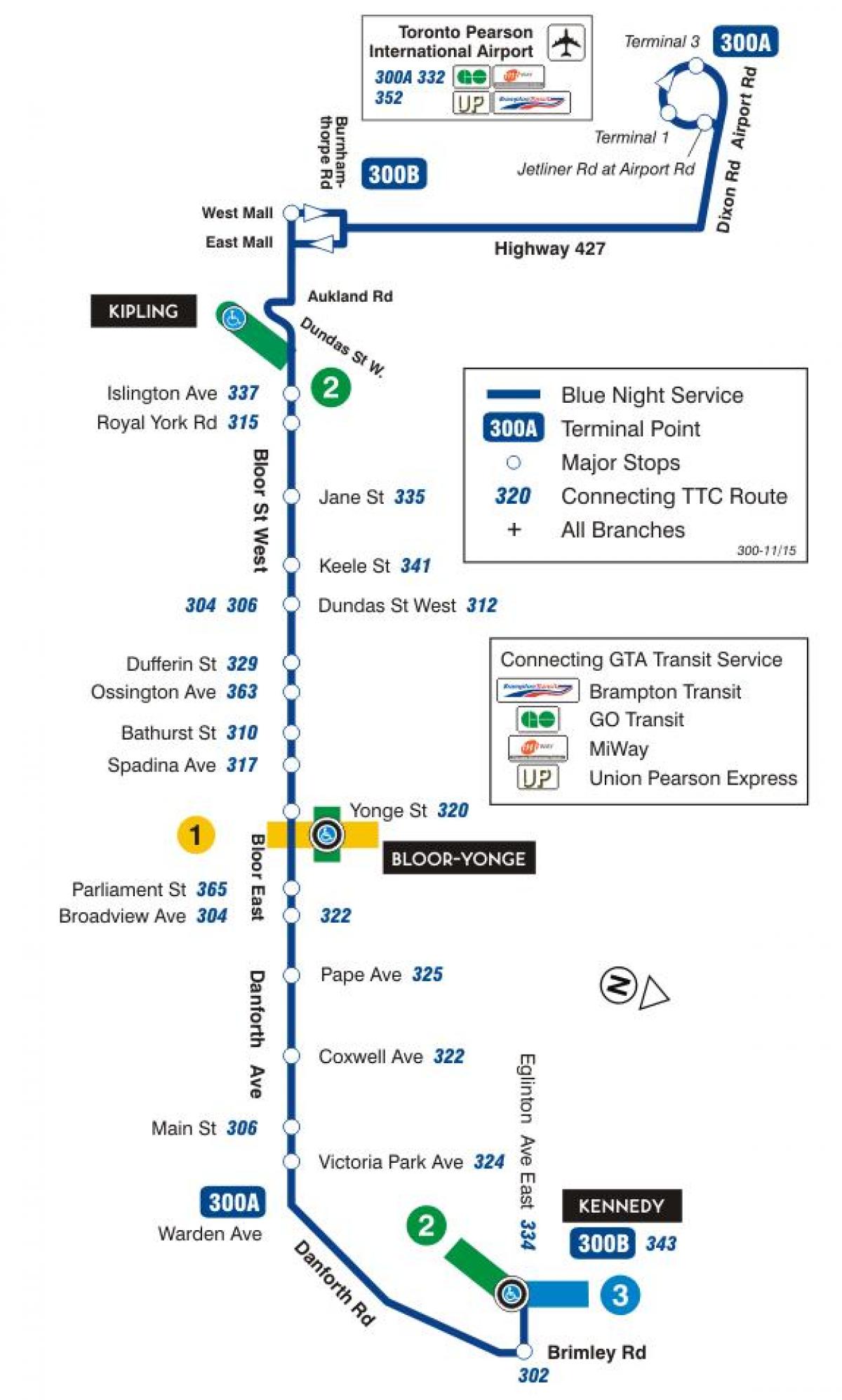 Kaart van TTC 300A Bloor-Danforth bus roete Toronto