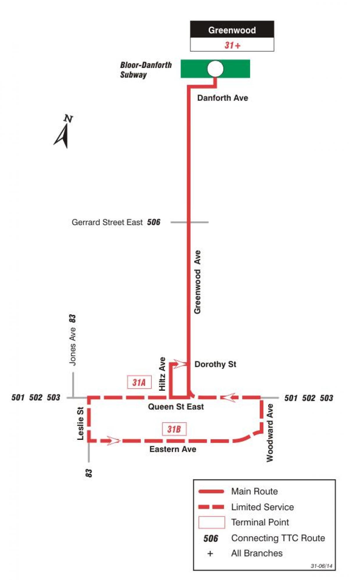 Kaart van TTC 31 Greenwood bus roete Toronto