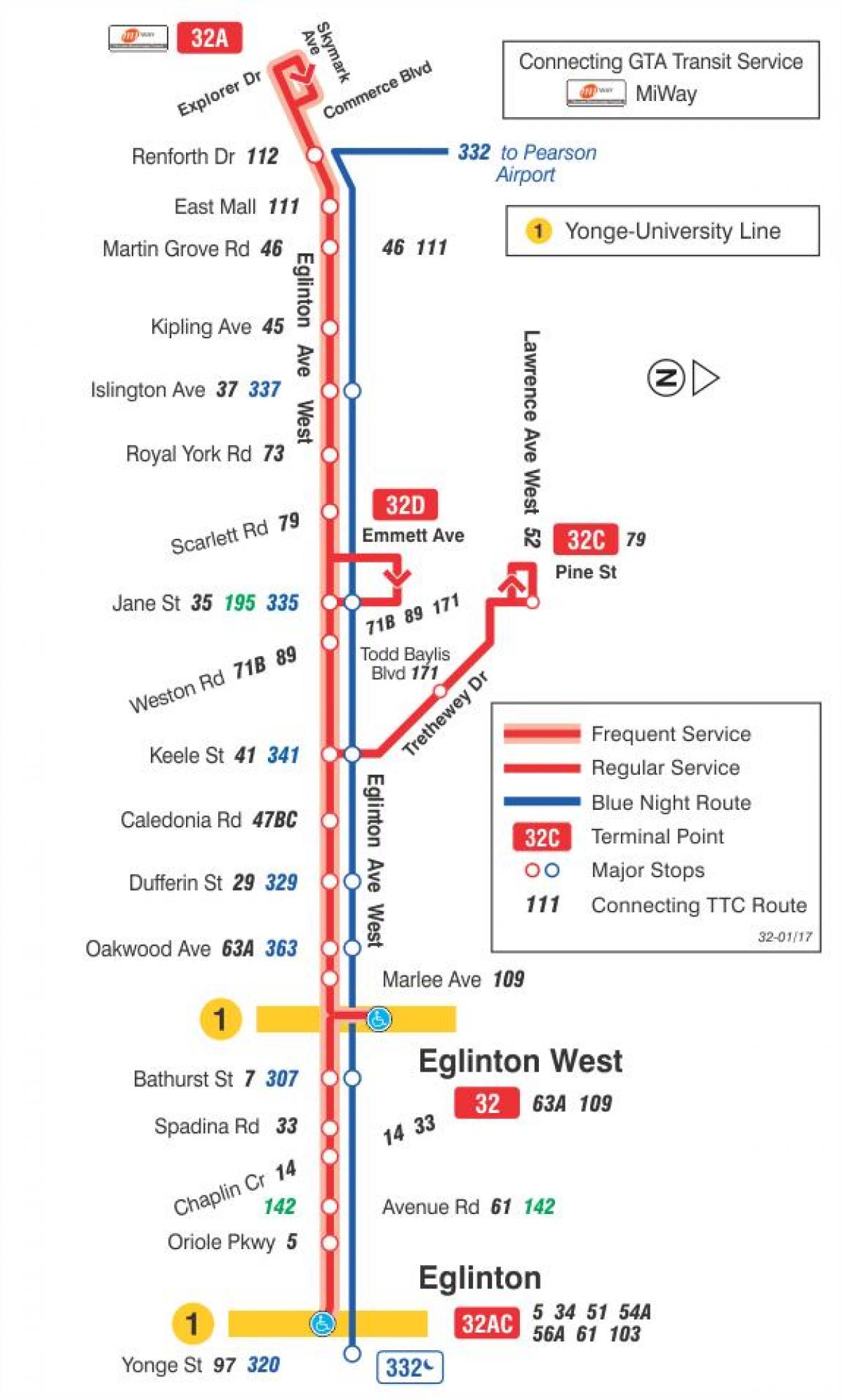 Kaart van TTC 32 Eglinton Wes-bus roete Toronto
